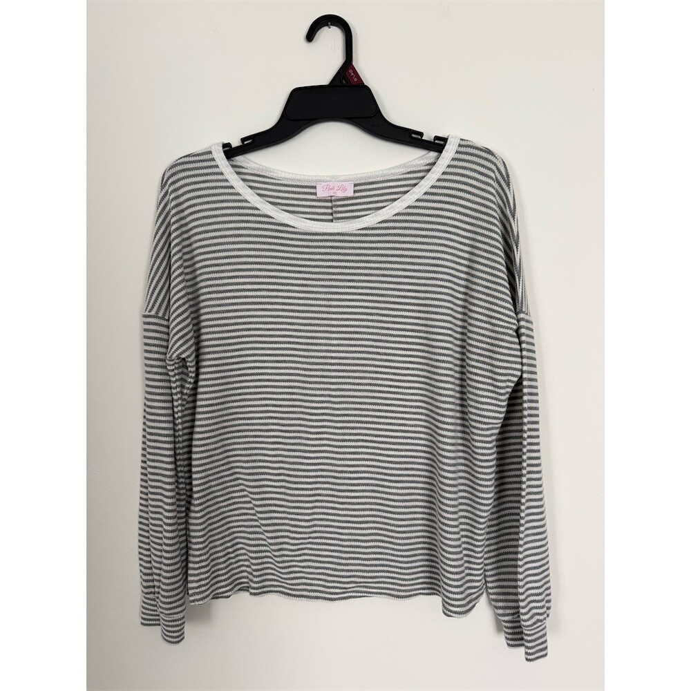 Pink Lily Top Womens Size XS Gray & White Striped Waffle Knit Long Sleeve